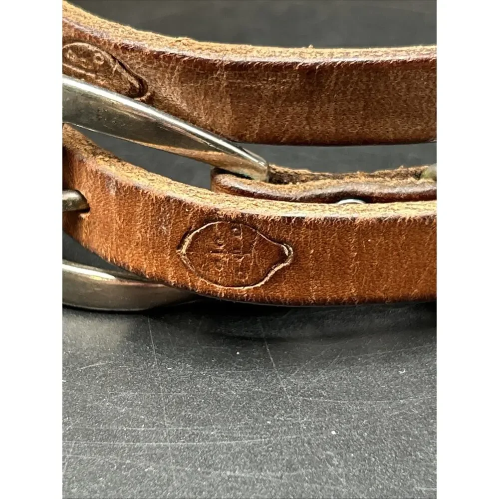 Leather Belt Womens 33 Brown Embossed Ladybug Silver tone Buckle Skinny 1/2”